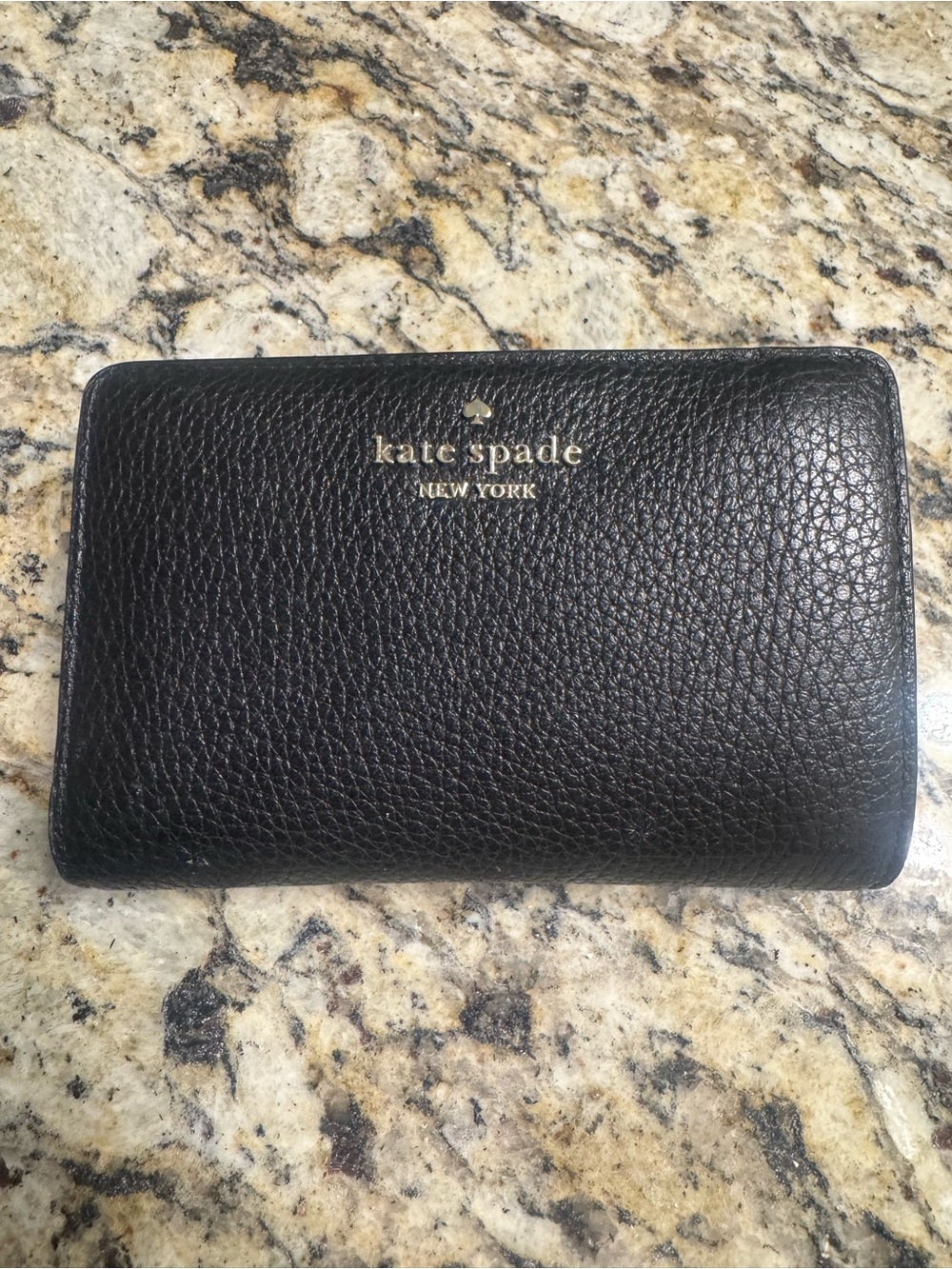kate spade Black Pebbled Leather Zip Wallet with Gold Logo
